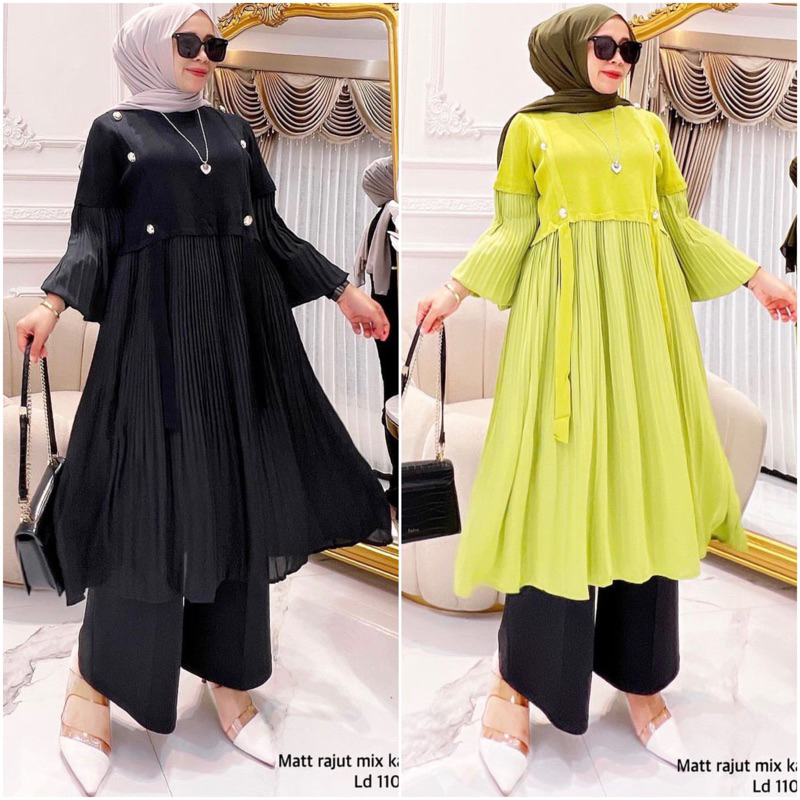 TATAOS BANGKOK ANNISA NILA TUNIK KNIT STRECH MIX PLISKET PLEATS IMPORT TAG LABEL