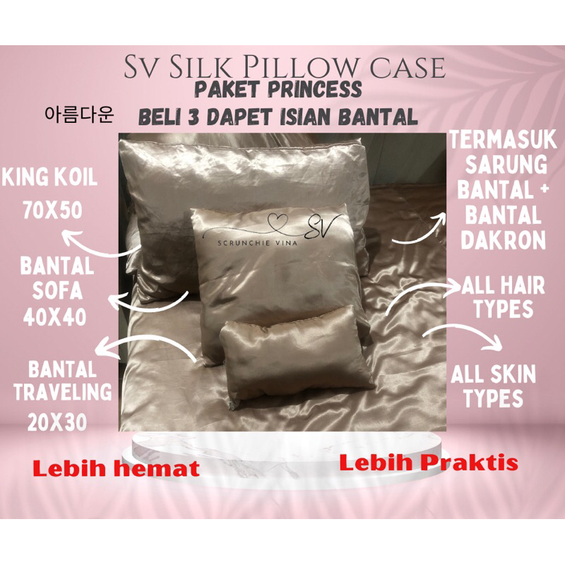 SARUNG BANTAL SILK + BANTAL DAKRON ISI 3 PC SV SILK Sarung Bantal Silk Anti Jerawat Sarung bantal silk anti rambut rontok