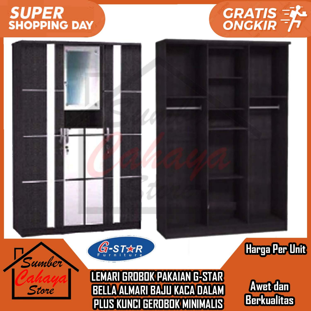 [Instan] LEMARI GROBOK PAKAIAN G-STAR LMBP- BELLA ALMARI BAJU KACA DALAM PLUS KUNCI GEROBOK MINIMALI