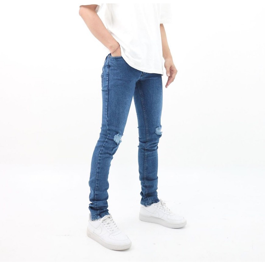 Rebelone - Celana Jeans Panjang Pria Ripped Sobek Lutut Bio Wash Premium