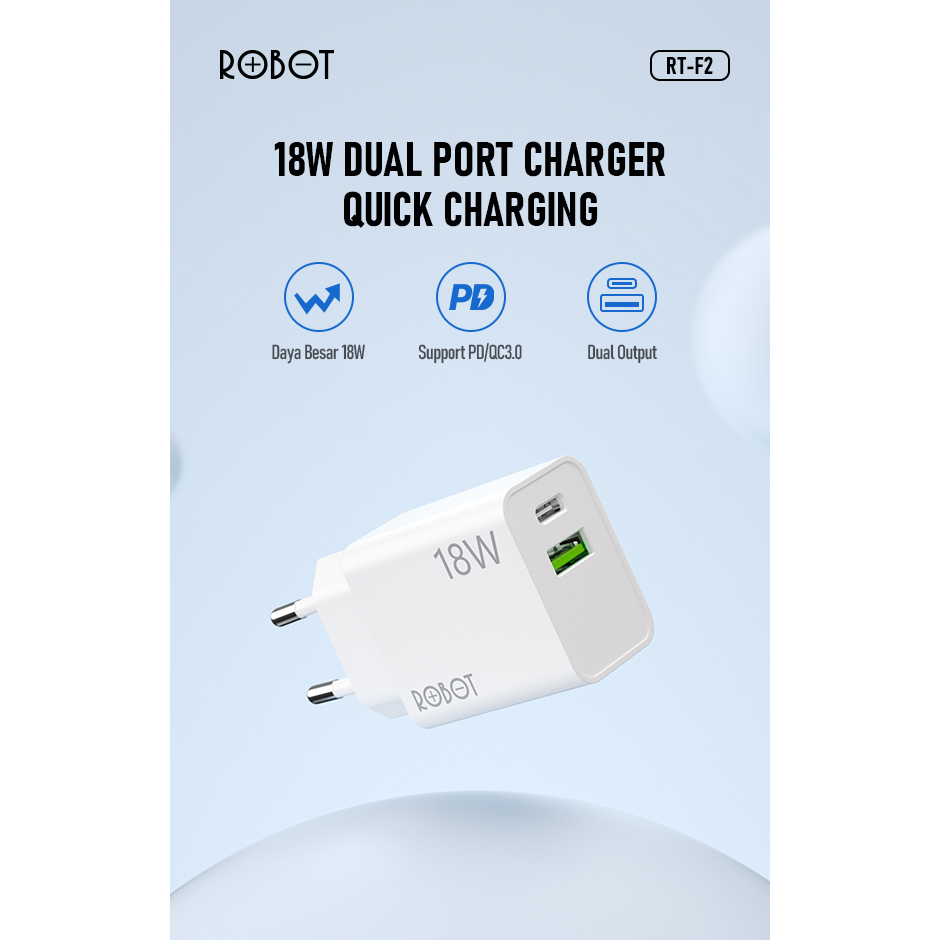 ROBOT Dual Port Charger Quick Charging RT-F2 QC 3.0 Micro USB Type-C Dual Output USB-A dan USB-C - Garansi 1 Tahun