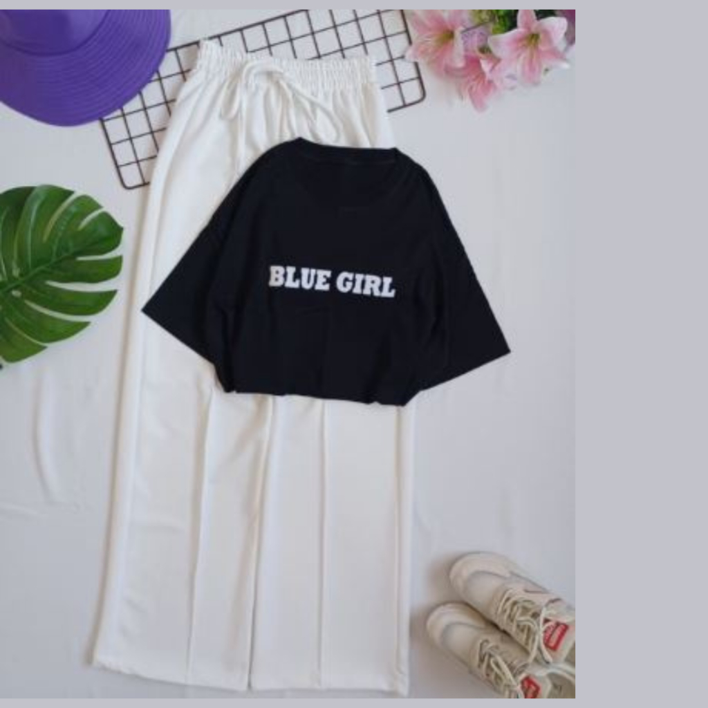 JBF Baju Crop Cewek Korea / One Set Crop Dan Celana Panjang Blue Girl