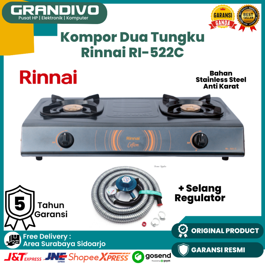 Kompor Gas RInnai 2 Tungku Rinnai 522C RI-522C Garansi Resmi Rinnai - Grandivo