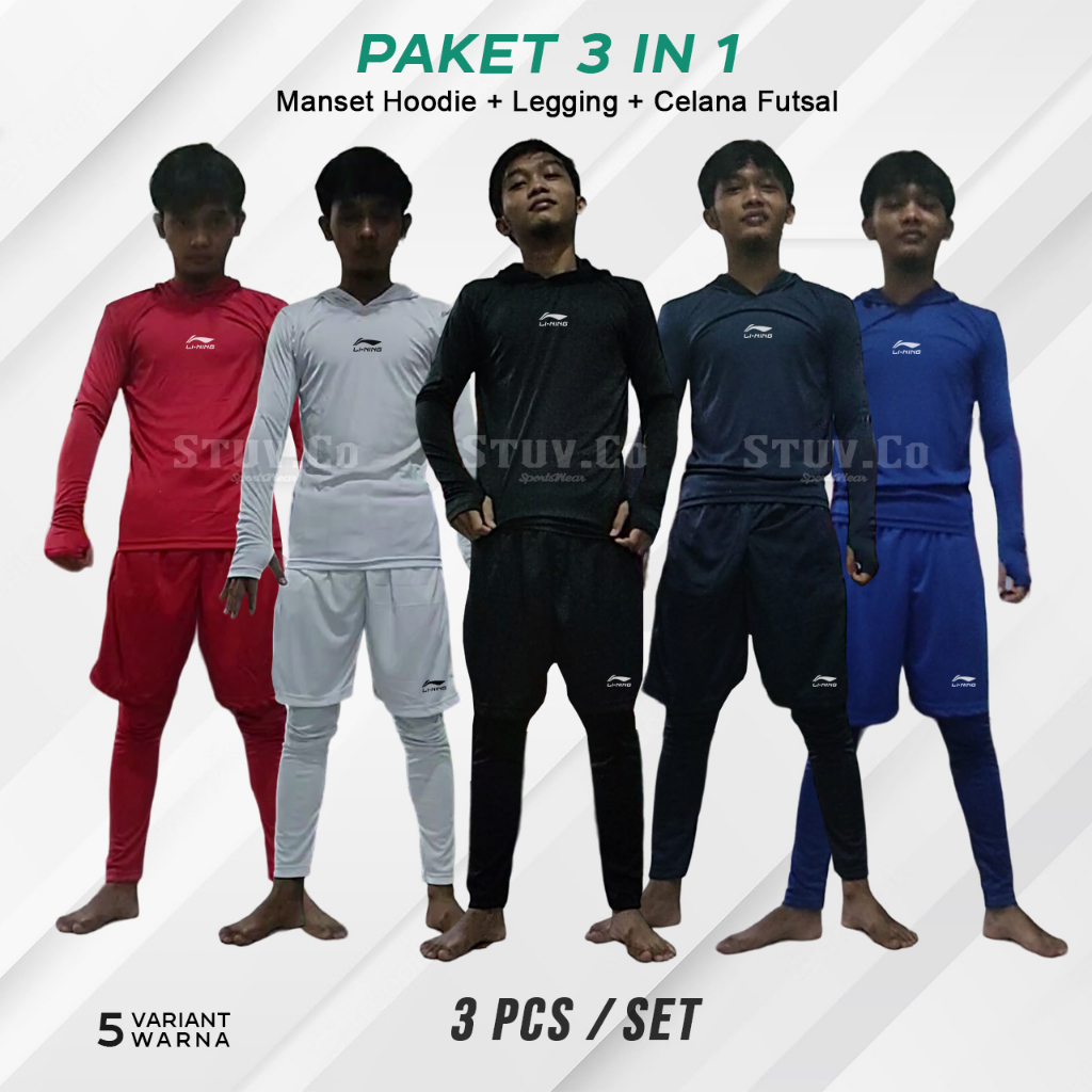 PAKET 3IN1 SETELAN BASELAYER OLAHRAGA MANSET HOODIE LEGGING PANJANG DAN CELANA DRY FIT FUTSAL SEPAKBOLA GYM FITNESS LARI BASKET UNISEX