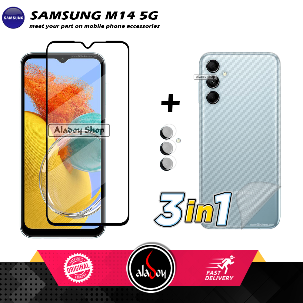 PAKET 3 IN 1 Tempered Glass Layar Samsung M14 5G Free Tempered Glass Camera dan Skin Carbon