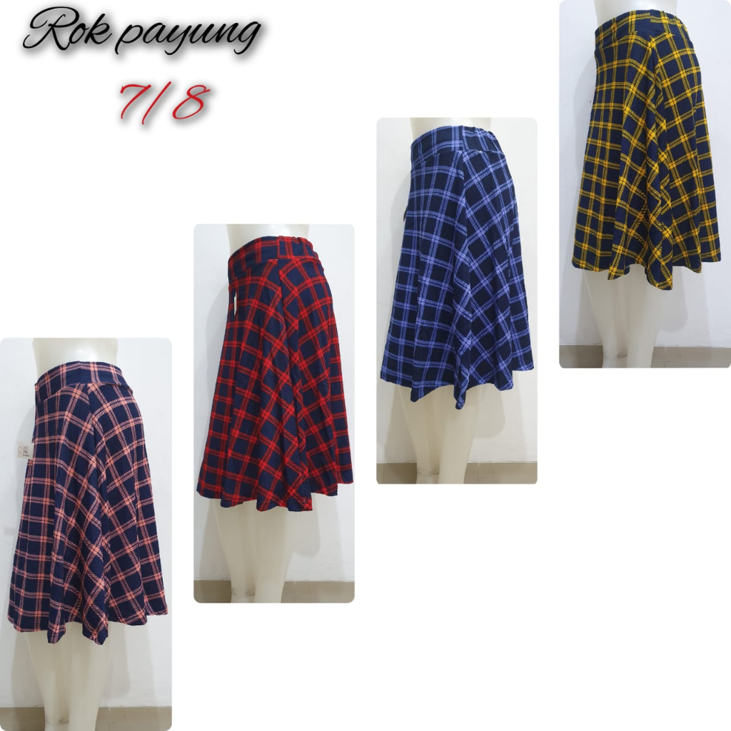 Rok Payung Pendek Wanita Motif Kotak Rok 7/8