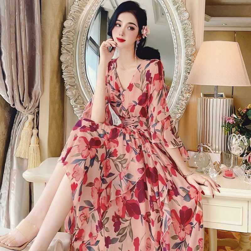 Sweet Floral Dress Summer Dress New Ruffled Chiffon Dress M450