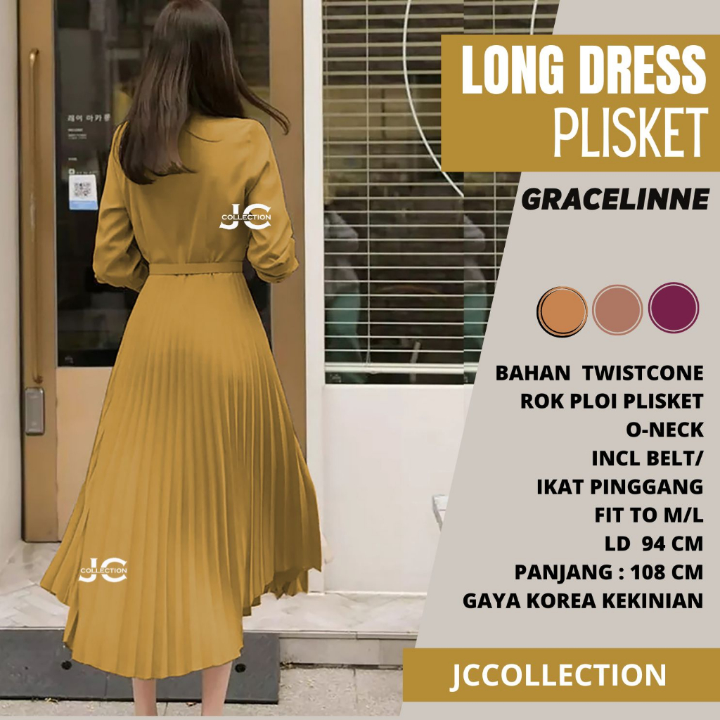 Maxi Dress Korea Style Plisket Terusan Long Dres Lengan Panjang Gracelinna JCCollections.id