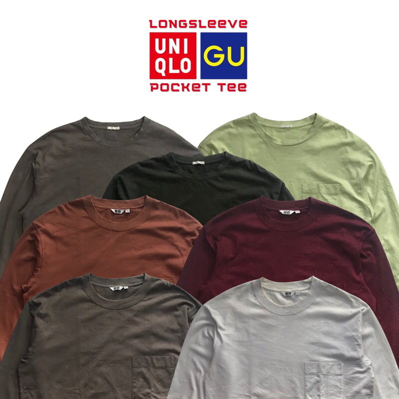 UNIQLO & GU LONGSLEEVE POCKET TEE (TSHIRT/KAOS KANTONG LENGAN PANJANG BRAND POLOS/GARIS/SALUR) PRELO