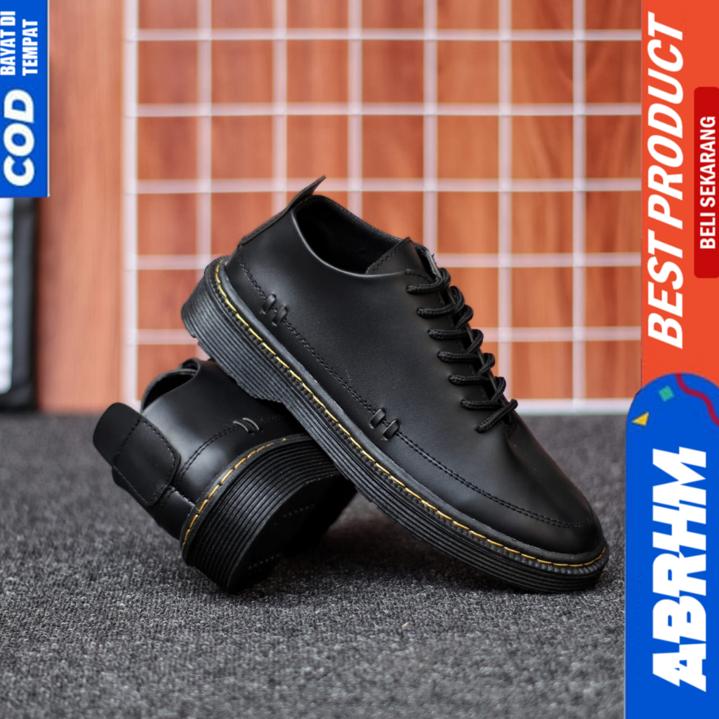 ABRHM Sepatu Formal Pantofel Docmart Hitam Tali Casual Kulit Pu Kerja Hitam Pria