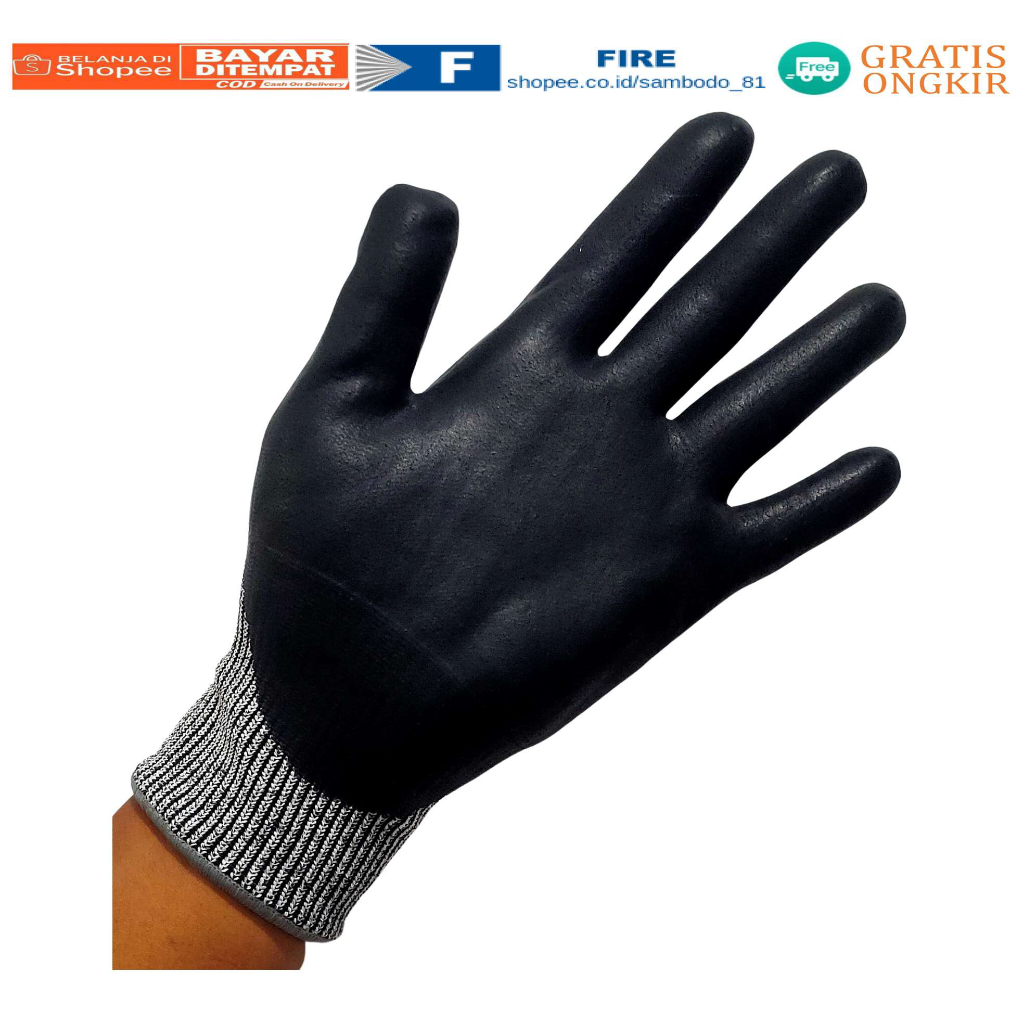 Sarung Tangan Glove Cut Resistant level 5 Anti Pisau potong coated coating tapak dilapisi Nitril Hitam