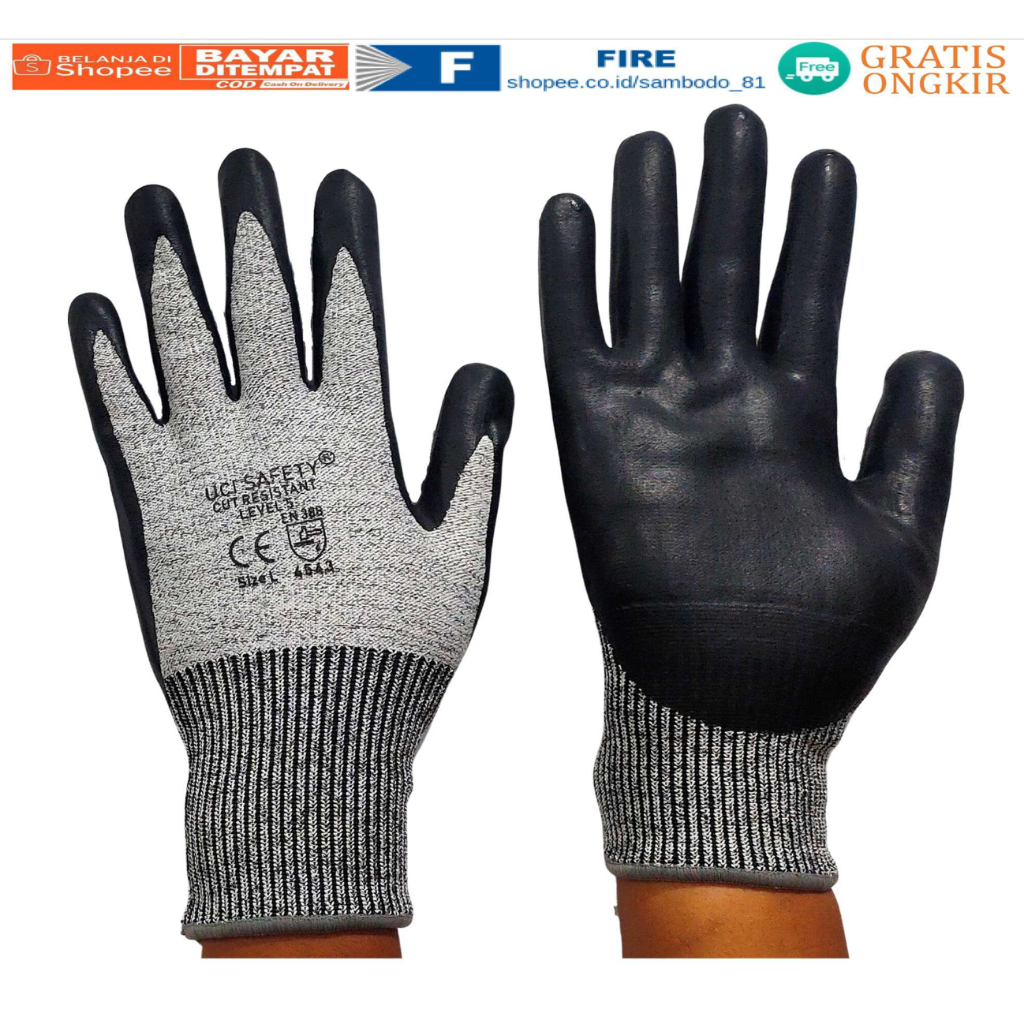 Sarung Tangan Glove Cut Resistant level 5 Anti Pisau potong coated coating tapak dilapisi Nitril Hitam