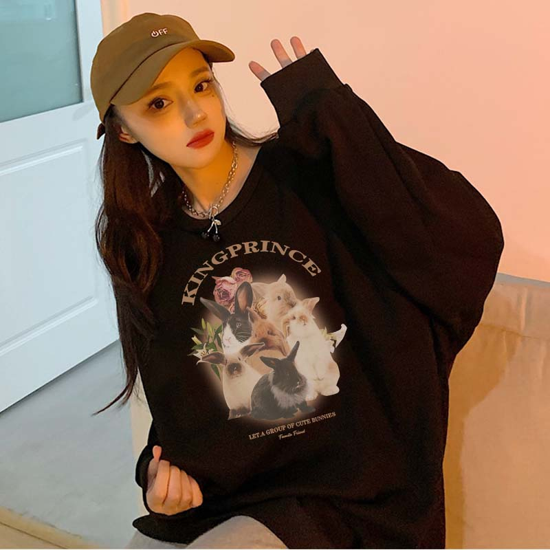 Sweater Oversize Cartoon Cute Rabbit / Sweater Hitam