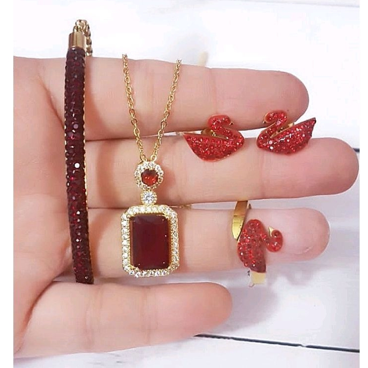 Set Pehiasan Titanium Permata merah Cantik74)