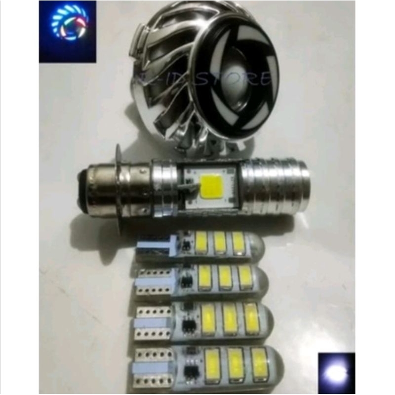 (PAKET HEMAT LAMPU VARIASI 3IN1) LAMPU UTAMA LED 2 SISI AC DC+LAMPU STOP REM PROJIE+4pcs LAMPU SEN JELLY- Putih