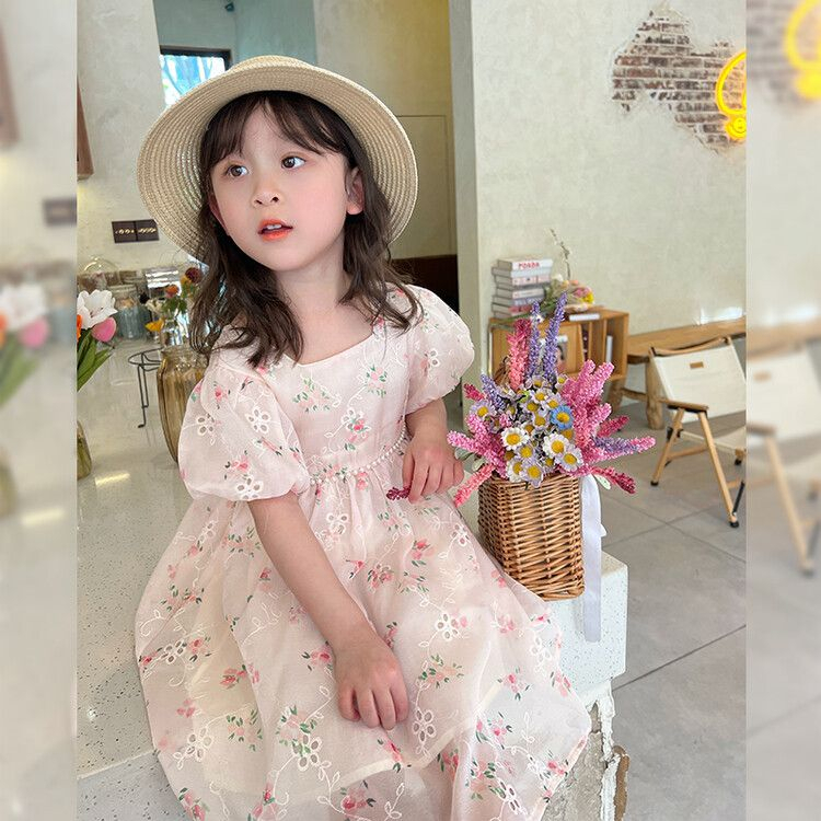 Dress Anak Perempuan Motif Bunga Mawar Pink Square Neck Pinggang Mutiara