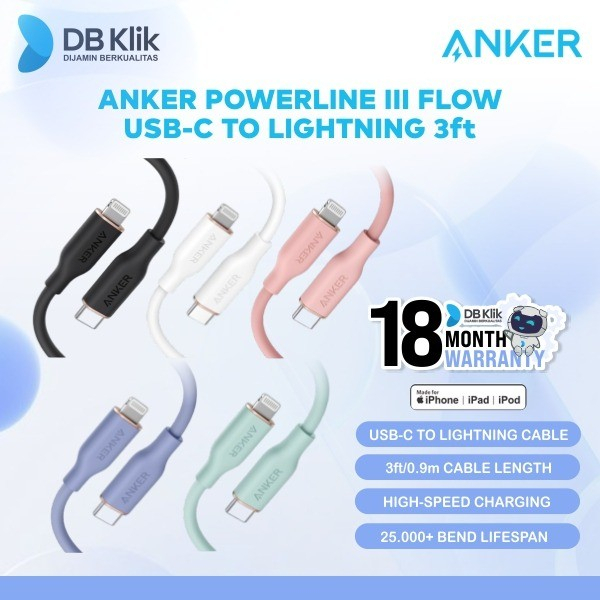 Kabel Charger Anker PowerLine Flow USB-C to Lightning Cable 3ft A8662