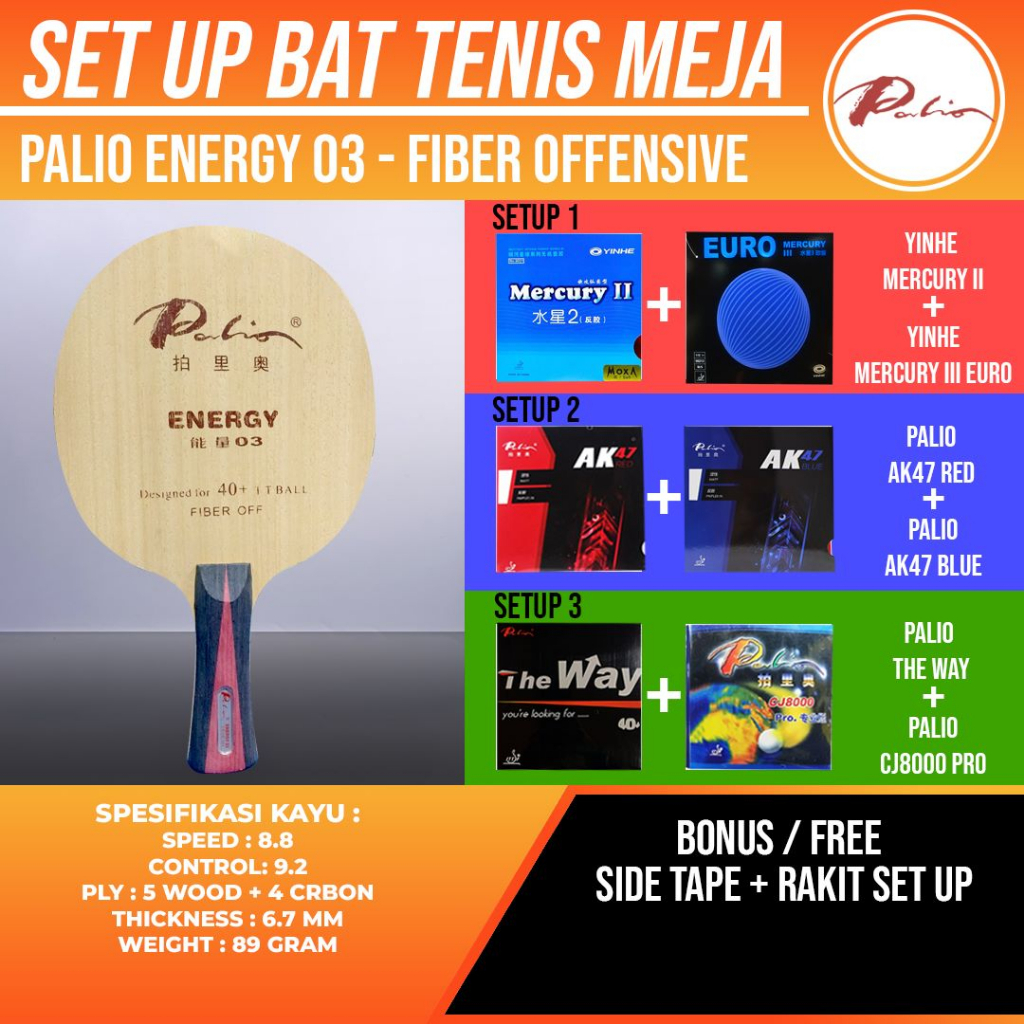Paket Bat Pingpong Rakitan Palio Energy 03 Fiber Offensive Yinhe Palio