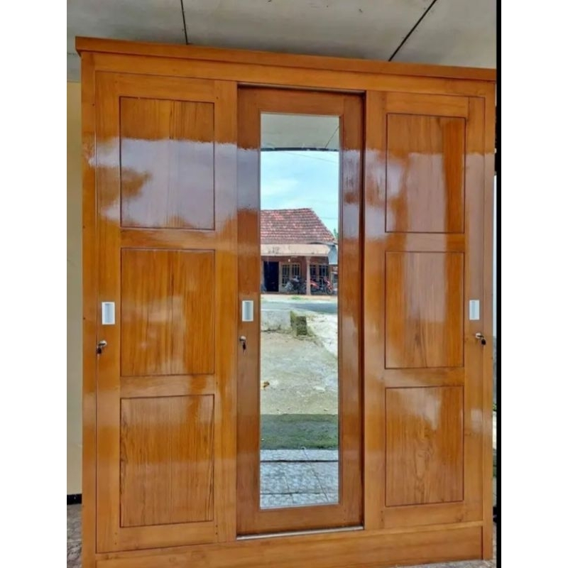 lamari pakaian geser pintu 3 kayu jati