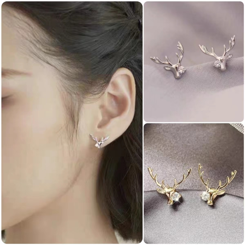 Anting Tusuk Desain Tanduk Rusa Hias Zircon Untuk Wanita Fashion Earrings Import