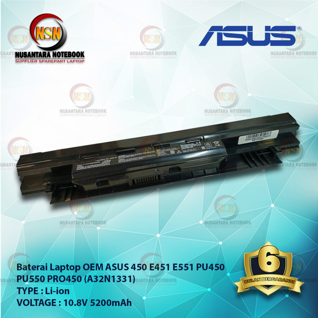 Baterai Laptop OEM Asus A32N1331 For 450 PU450 PU550 10.8V 5200mAh