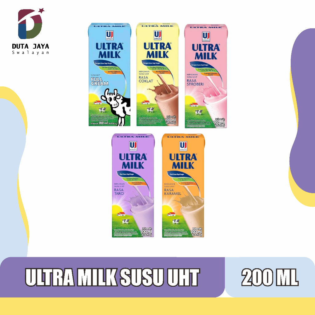 Ultra Milk Susu UHT Full Cream, Cokelat, Strawberry, Taro, Caramel 200 ML