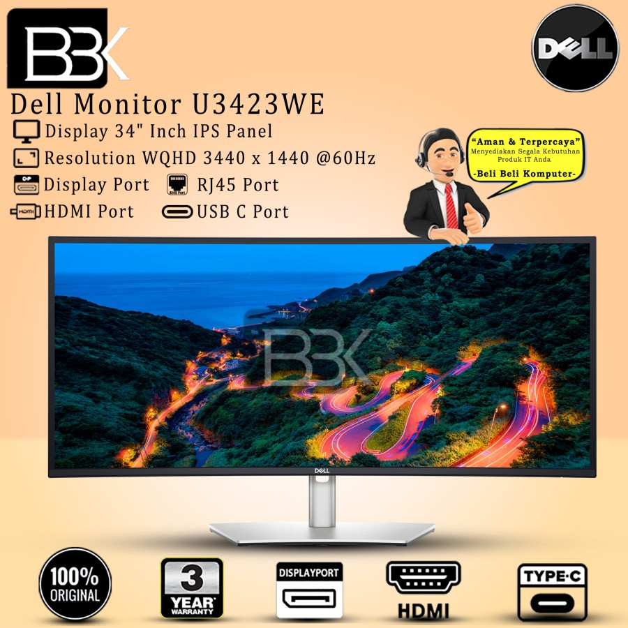 Monitor Dell 34" inch Monitor U3423WE HDMI DP USB-C RJ45 3 Year