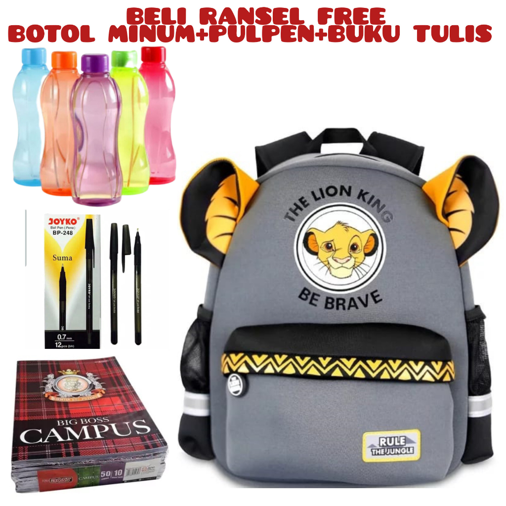 JS_Beli 1 Dapat 4 -Tas Ransel Sekolah Anak Laki-laki Disney Simba The Lion King Tas Sekolah Anak Perempuan Karakter Beli Ransel Free Botol Minum+Pulpen+Buku Tulis