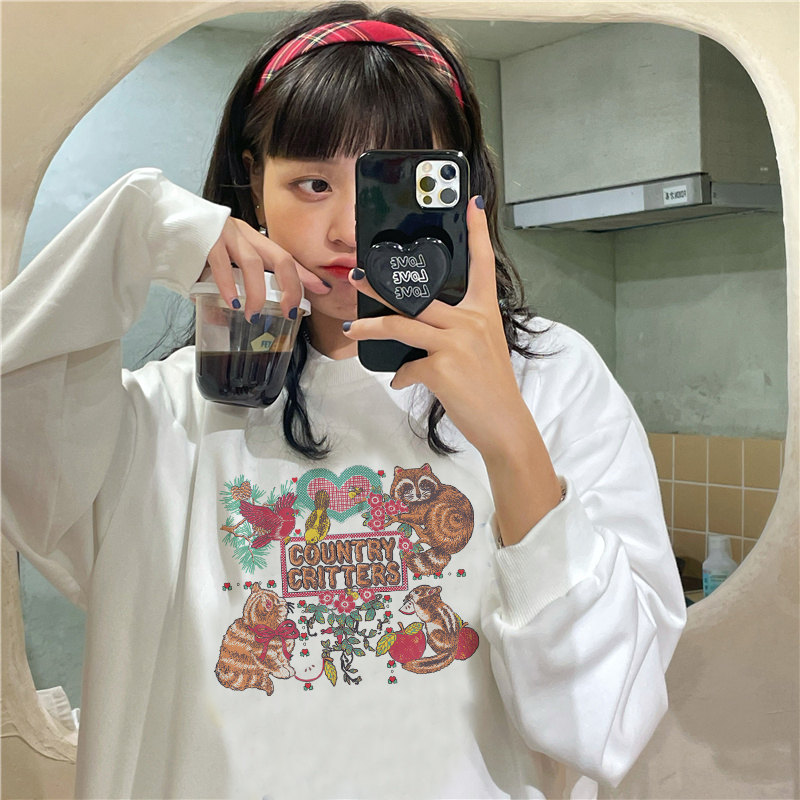 EUNII Sweater Lengan Panjang Cartoon Raccoon Printing Korean Style/Sweater Crop/Baju Wanita/Switer Wanita/Switer