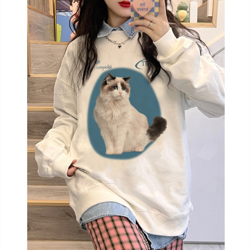 EUNII Sweater Lengan Panjang Cartoon Puppet Cat Printing Korean Style/Sweater Crop/Baju Wanita/Switer Wanita/Switer