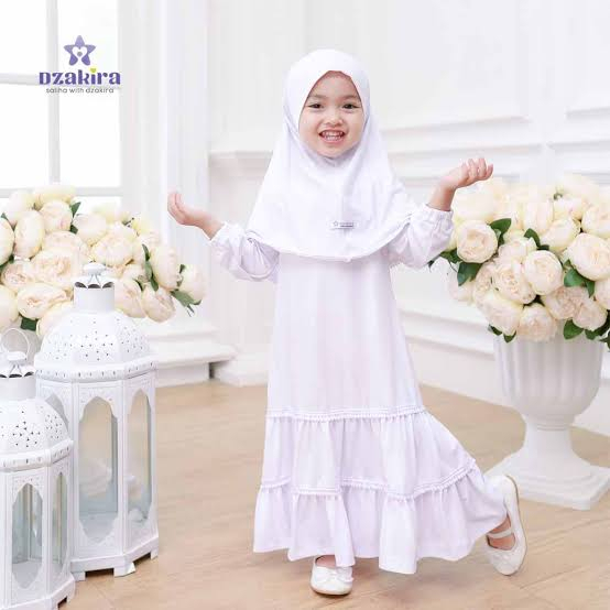 FROMO Gamis Anak 1-8 thn Renda Pompom Kirana Jersey Putih, Gamis Anak Terbaru