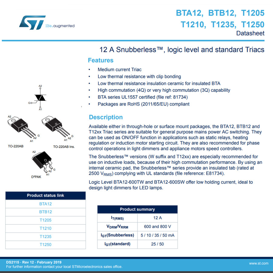 BTA12 600B 12A 600V Triac AC Dimmer Pengatur Kecepatan Dinamo 1500W