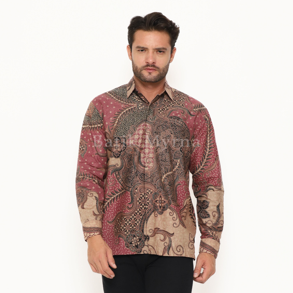 BATIK MYRNA - Kemeja Batik Lengan Panjang Atasan Baju Pria Motif Labirin Pink