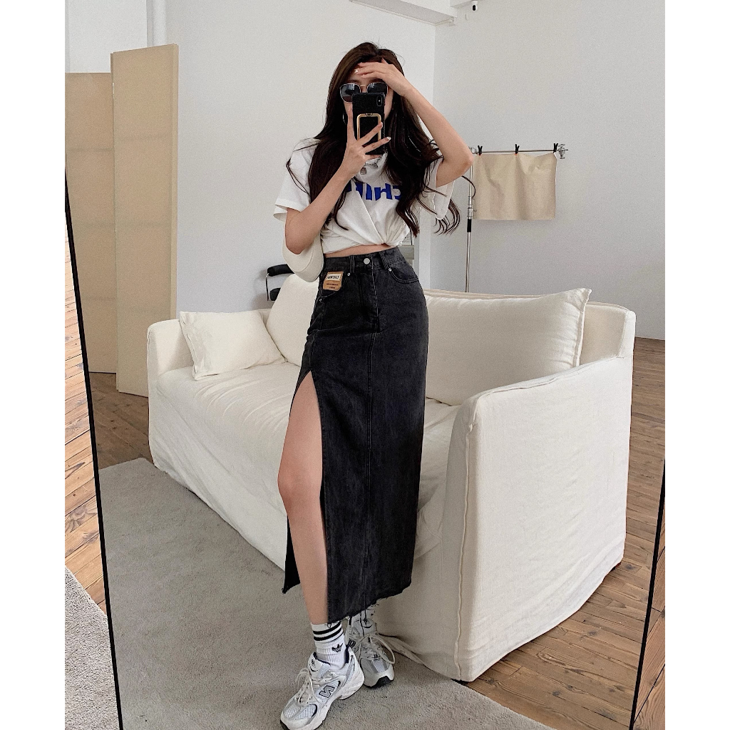 Rok A-Line Polos Split Rok Denim Highwaist Import