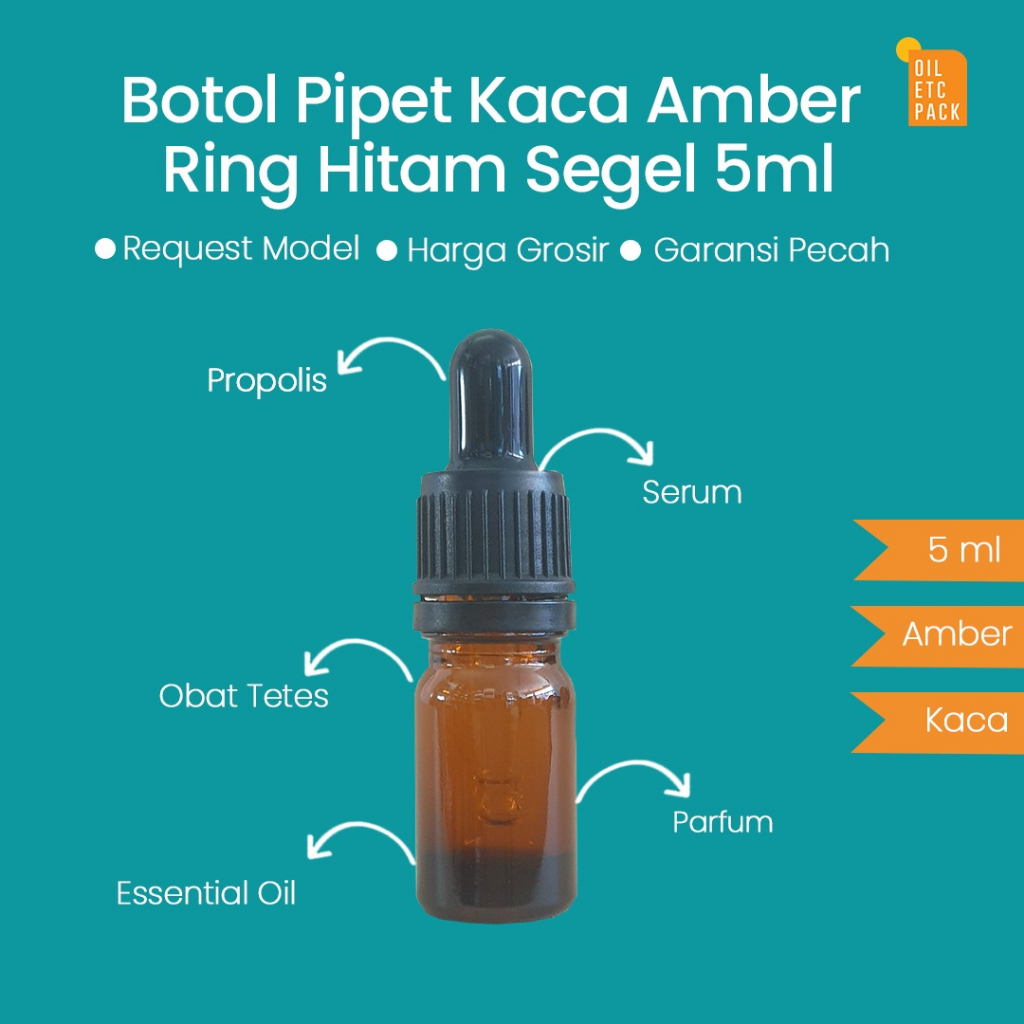 Botol Pipet Dropper Kaca Mini Amber Ring Hitam SEGEL 5ml Tebal / Wadah Kosong Refill Serum &amp; Parfum &amp; Oil &amp; Tetes Mata &amp; Propolis / Travel Kit Murah