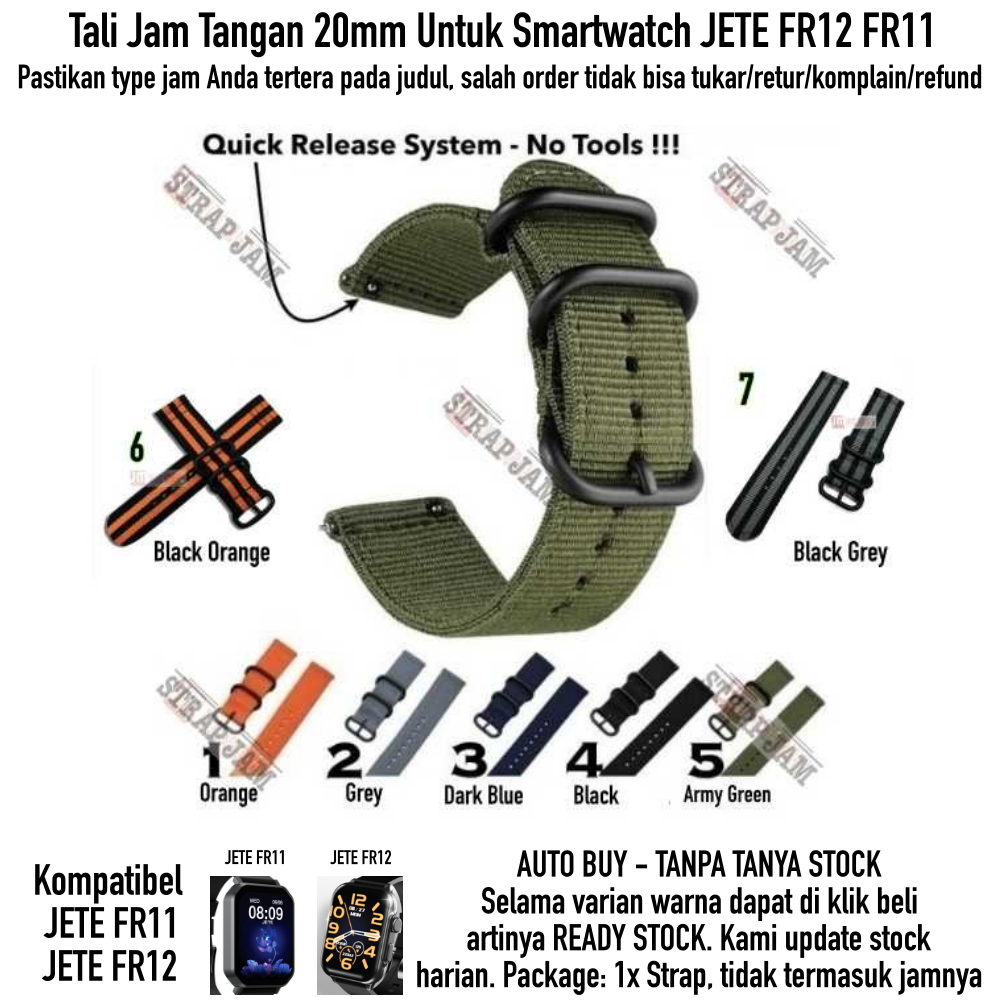 STT Strap Smartwatch Jete FR12 FR11 - Tali Jam Tangan 20mm Nylon Stitching Quick Release