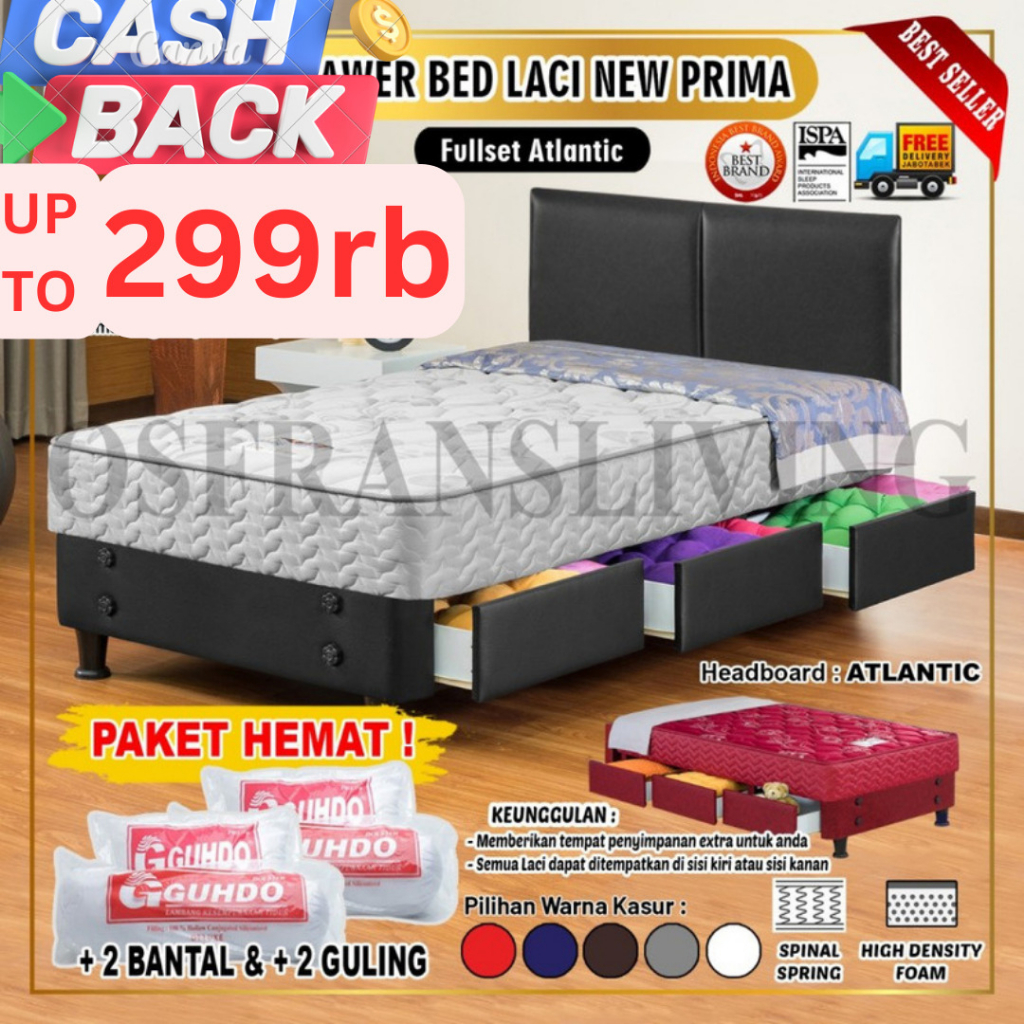 Guhdo Spring Bed 3 Laci New Prima Drawer Bed HB Atlantic FULL SET / TANPA SANDARAN 90x200 / 100x200 / 120x200 / 140x200 cm 90 X 200 100 X 200 120 X 200 140 X 200 SINGLE DOUBLE SINGEL DOBEL SPRING BED SET FULLSET FULL SET NEWPRIMA