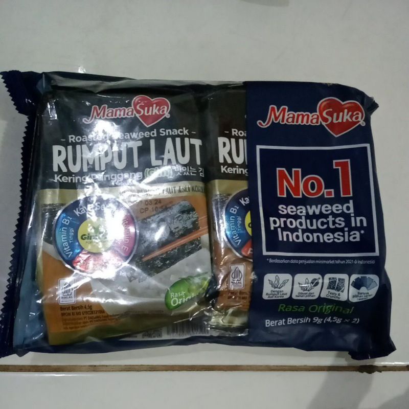 

rumput laut panggang rasa original , 1 pack isi 2, berat bersih 4,5g×2