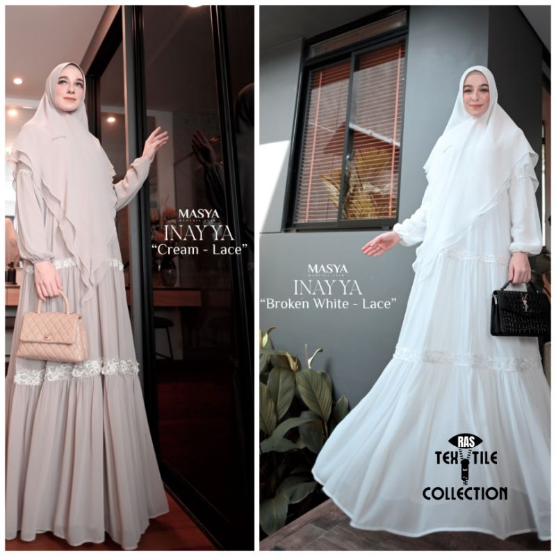 Set Gamis Dress Ceruty Babydoll Printing Premium Syari Branded Broken White - Coklat Susu - Cream La