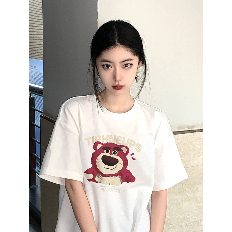 Oversize Cartoon Cute Bear Kaos Hitam Atasan Wanita Lengan Pendek Oversize Printed T-shirt/atasan wanita kekinian