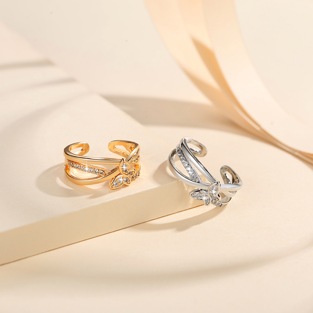 Y064 [COD✔] Cincin Titanium Lapis Emas Fashion Korea Wanita Cincin Fashion Terbuka Berlian