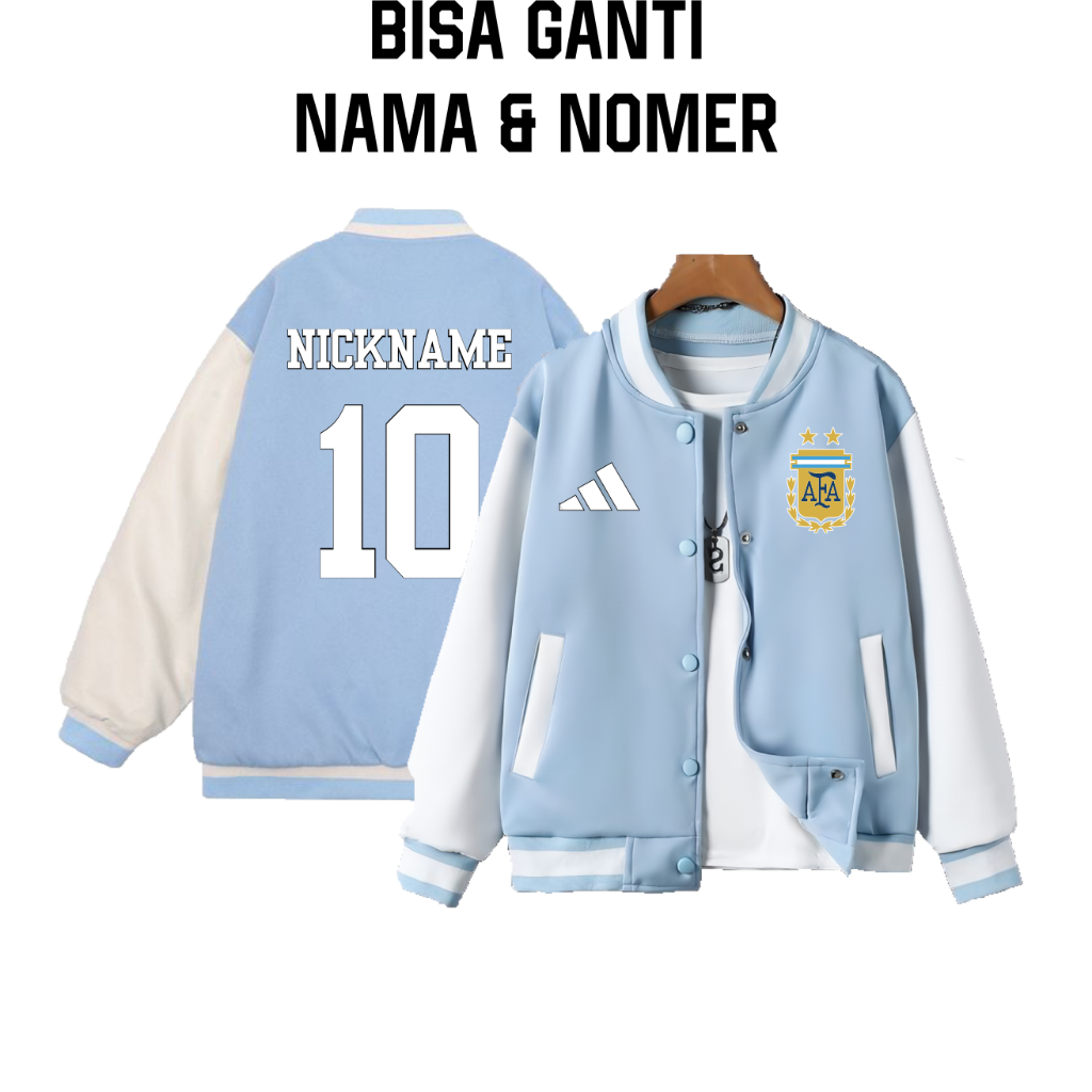 HOODIE JAKET ANAK COWOK CEWEK SEPAK BOLA ARGENTINA KANCING GRATIS GANTI NAMA LOGO BISA DIGANTI USIA 