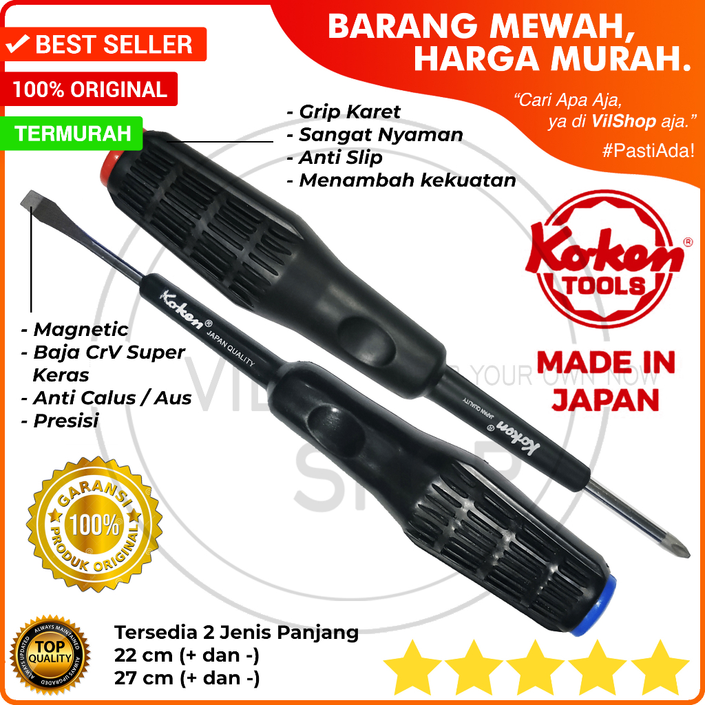 OBENG KOKEN MADE IN JAPAN KUALITAS SUPER KUAT GAGANG KARET + - MAGNET BAGUS / OBENG BUATAN JEPANG PL