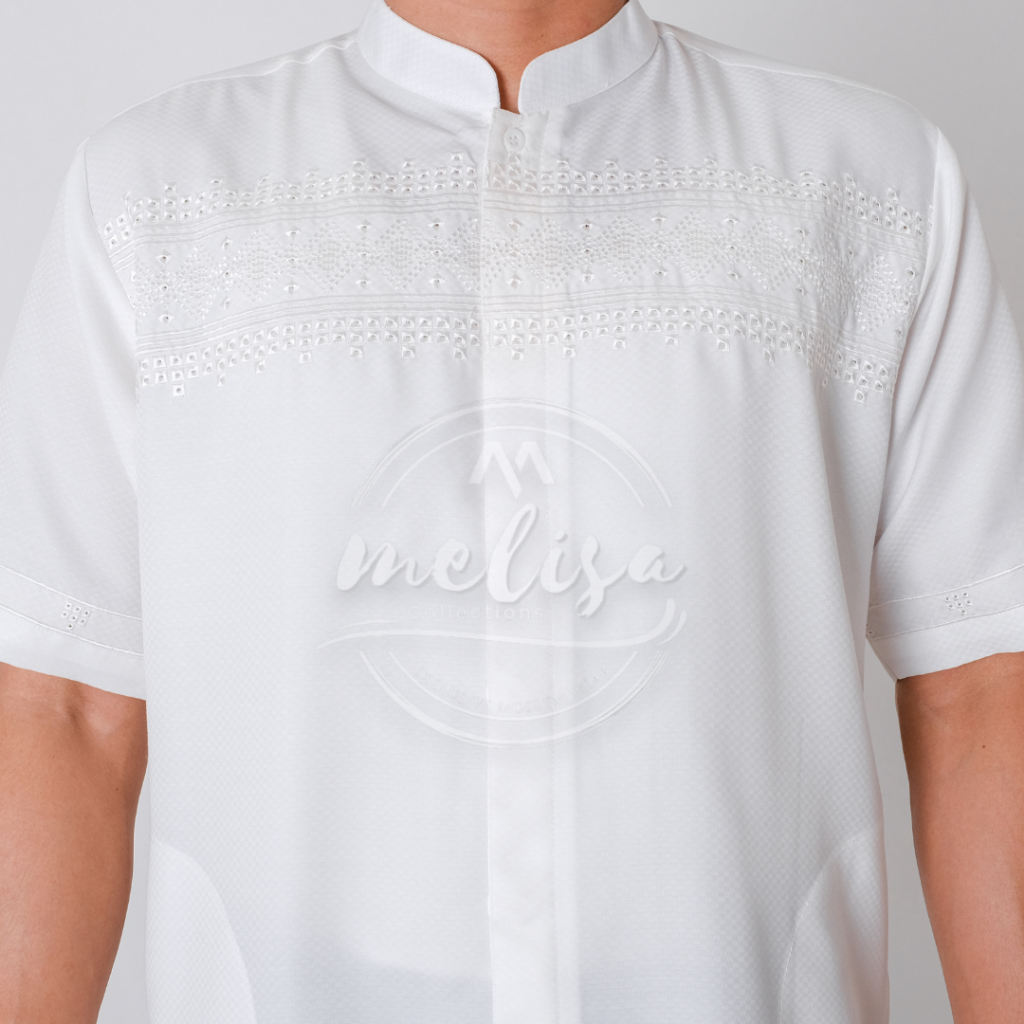 Baju Koko Pria  Lengan Pendek Putih Tulang Bahan Poli Katun Motip Bordir Senada Size M L XL XXL XXXL 4XL Jumbo