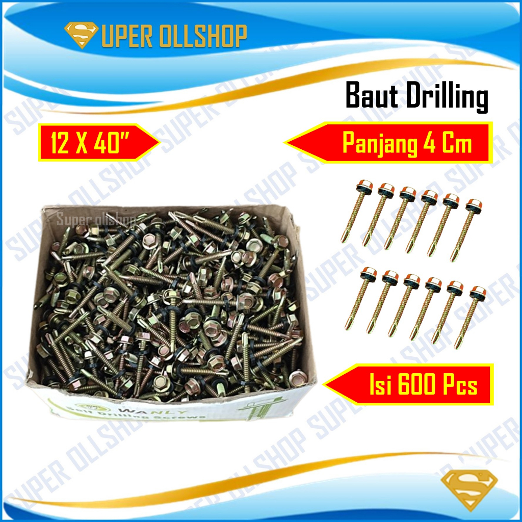 Baut Drilling Skrup Sekrup Roofing Baja Ringan Kuning Panjang 4 Cm 12x40 Harga 1 Kotak