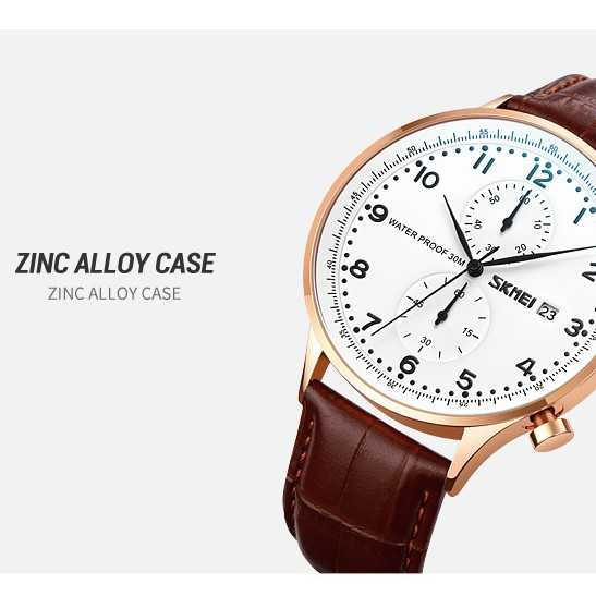 Jam Tangan Pria Analog Stopwatch Leather Strap Waterproof 30M Jamtangan Cowok Kekinian Desain Premium Anti Air