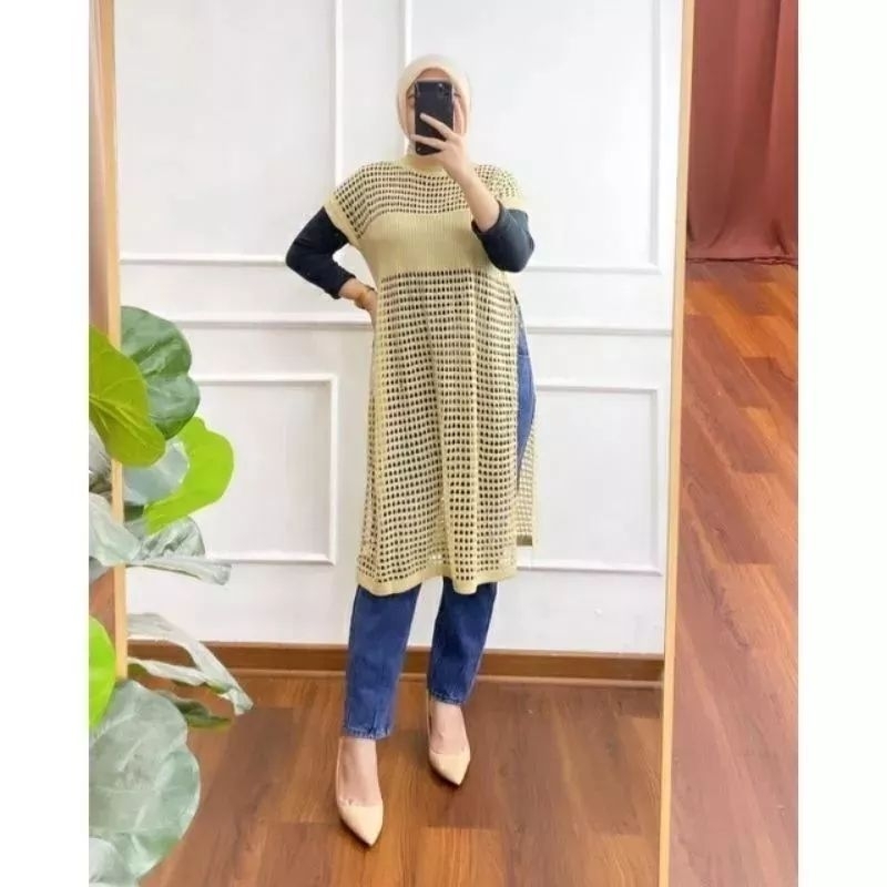 Rubi tunik dress knit belah pinggir atasan rajut jaring