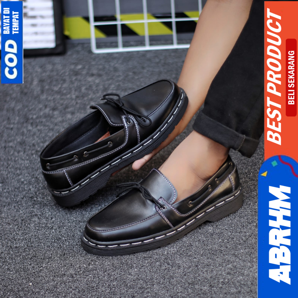 ABRHM Sepatu Loafers Formal Pantofel Docmart Kerja Hitam Pria