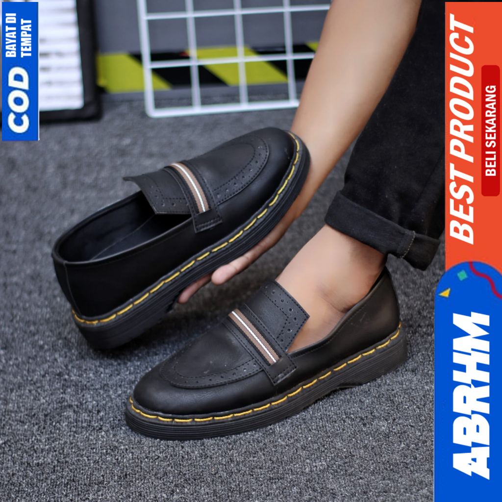 ABRHM Sepatu Loafers Formal Pantofel Docmart Kerja Hitam Pria