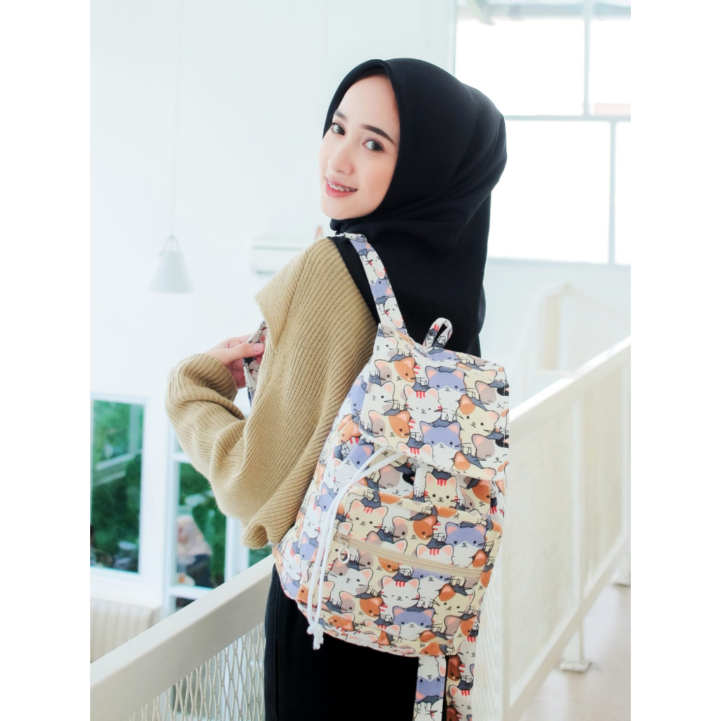 TAS RANSEL SERUT FACE CATS // taskanvasbdg - tas kanvas ransel sekolah wanita - tas gendong motif kucing cewek lucu kekinian